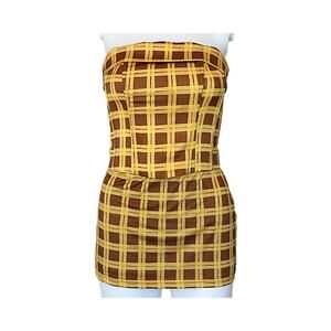 WITH JEAN Carla Corset Top & Miles Mini Skirt Set - Yellow/Brown Checkerboard